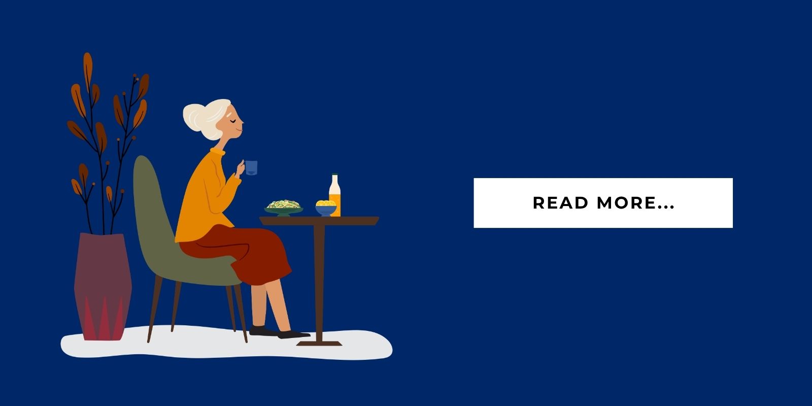 Blog Header Illustration senior enjoying a meal and it says 'read more'