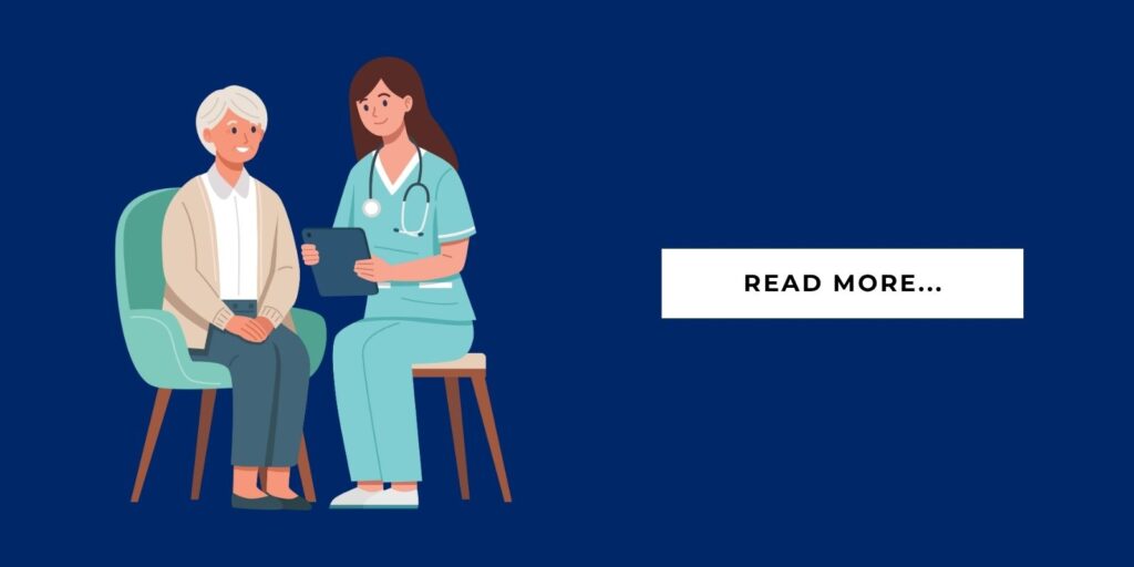 Blog Header Illustration caregiver helping a senior in respite care and it says 'read more'