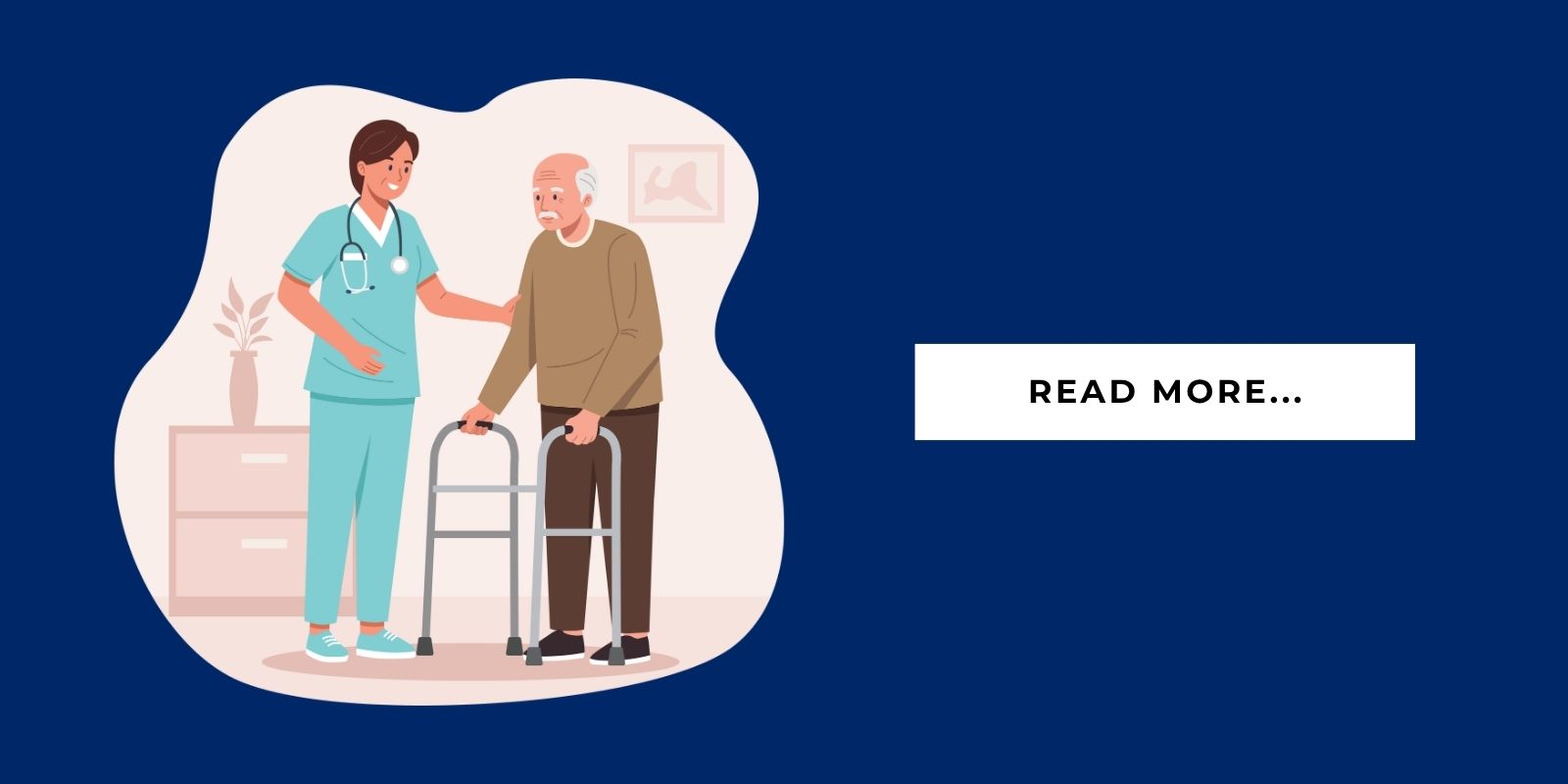 Blog Header Illustration of a caregiver helping a senior with a walker in assisted living, and it says 'read more.'