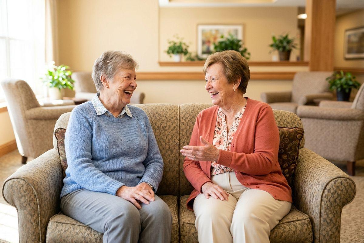 two senior sitting and speaking on a couch