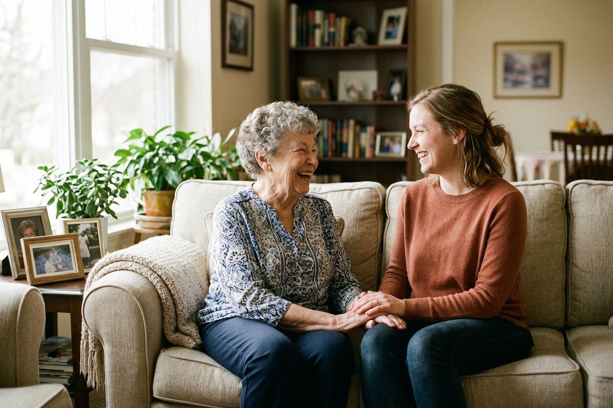 a senior and their adult child sitting on a couch speaking