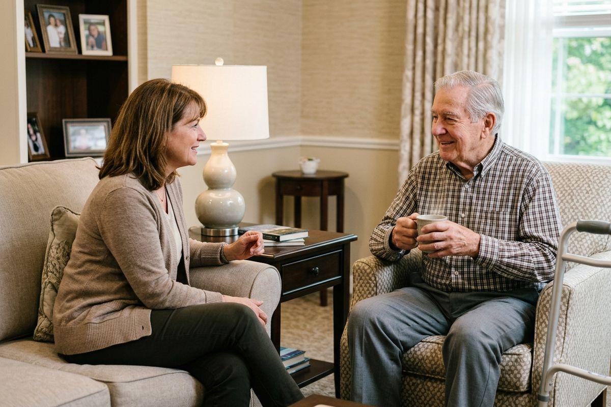 senior and adult child sit on a couch drinking coffee and speaking