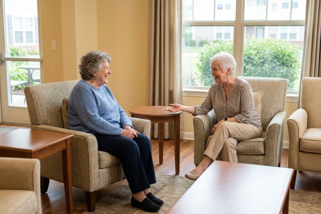 Two seniors talking to each other while smiling happily.