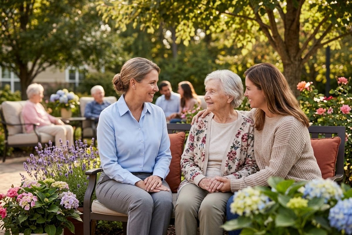 Two younger adults, and one older adult sitting together on a couch outside, surrounded by flowers.