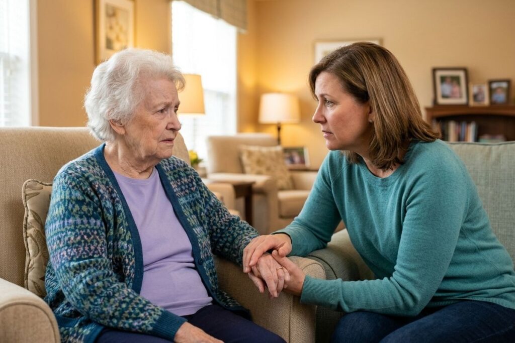 An adult child sits with their older parent, gently touching their arm and consoling them about their dementia