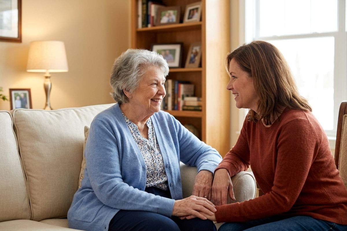 An older and younger adult talking, while holding hands and sat in a living room with a bookshelf behind them.