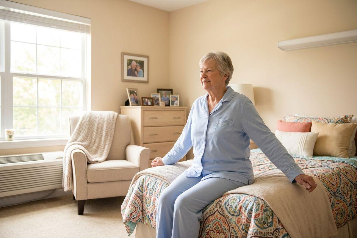 An older adult in pajamas smiles and stretches as they sit up in their bed in the morning