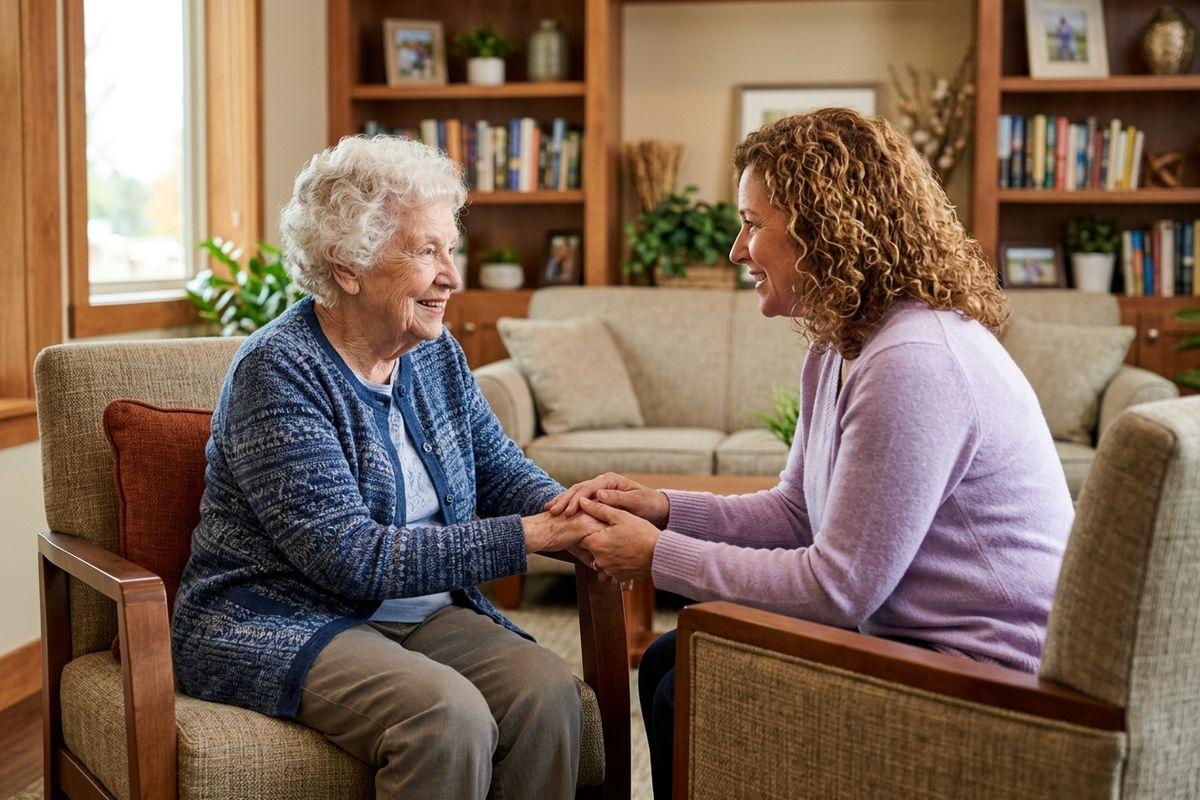 A senior and older adult sitting across from each olther, holding hands and smiling in a senior community space.