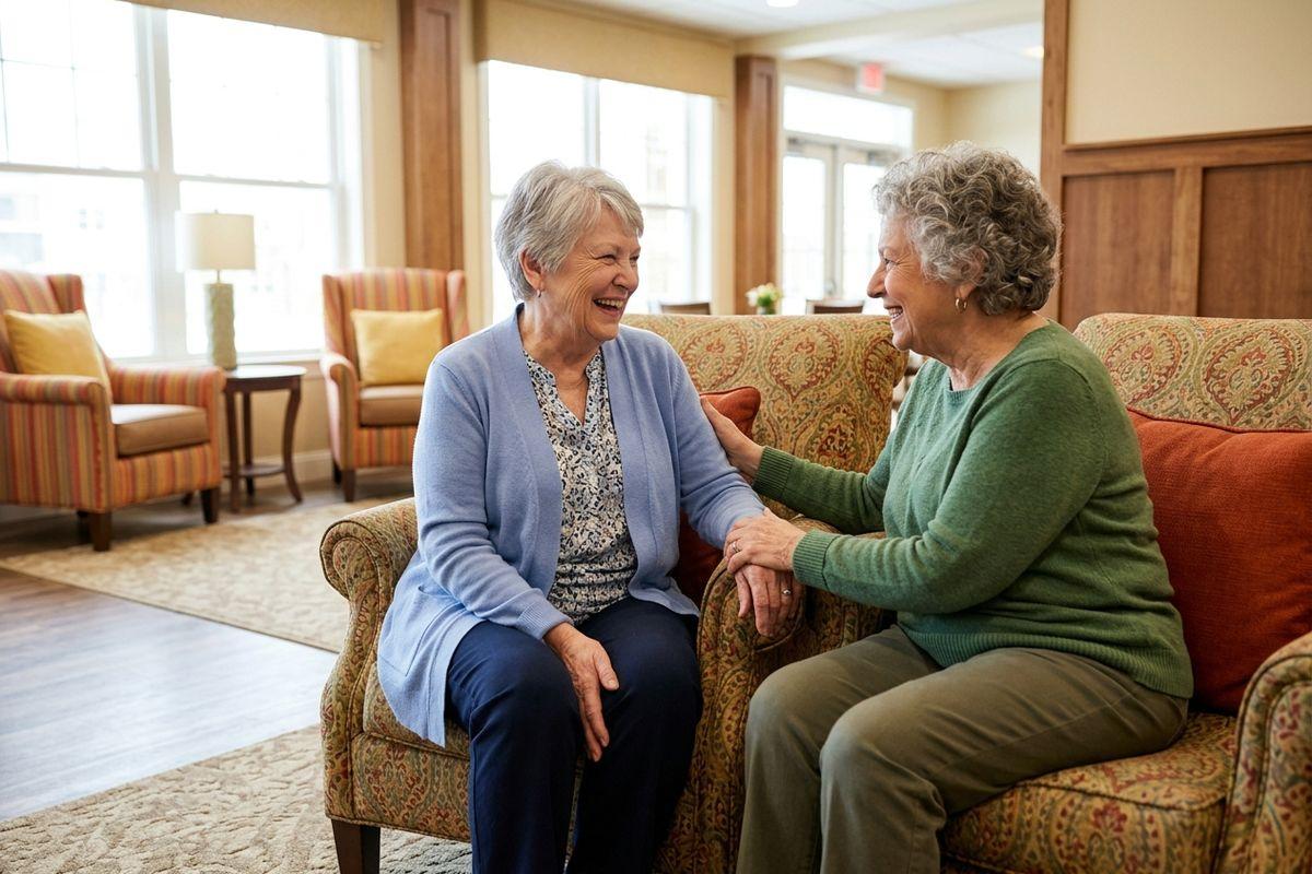 Two seniors facing eachother, sitting on a couch and smiling.