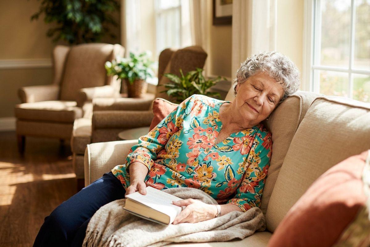 An older adult holds a book and comfortably dozes off on their couch in the mid-afternoon