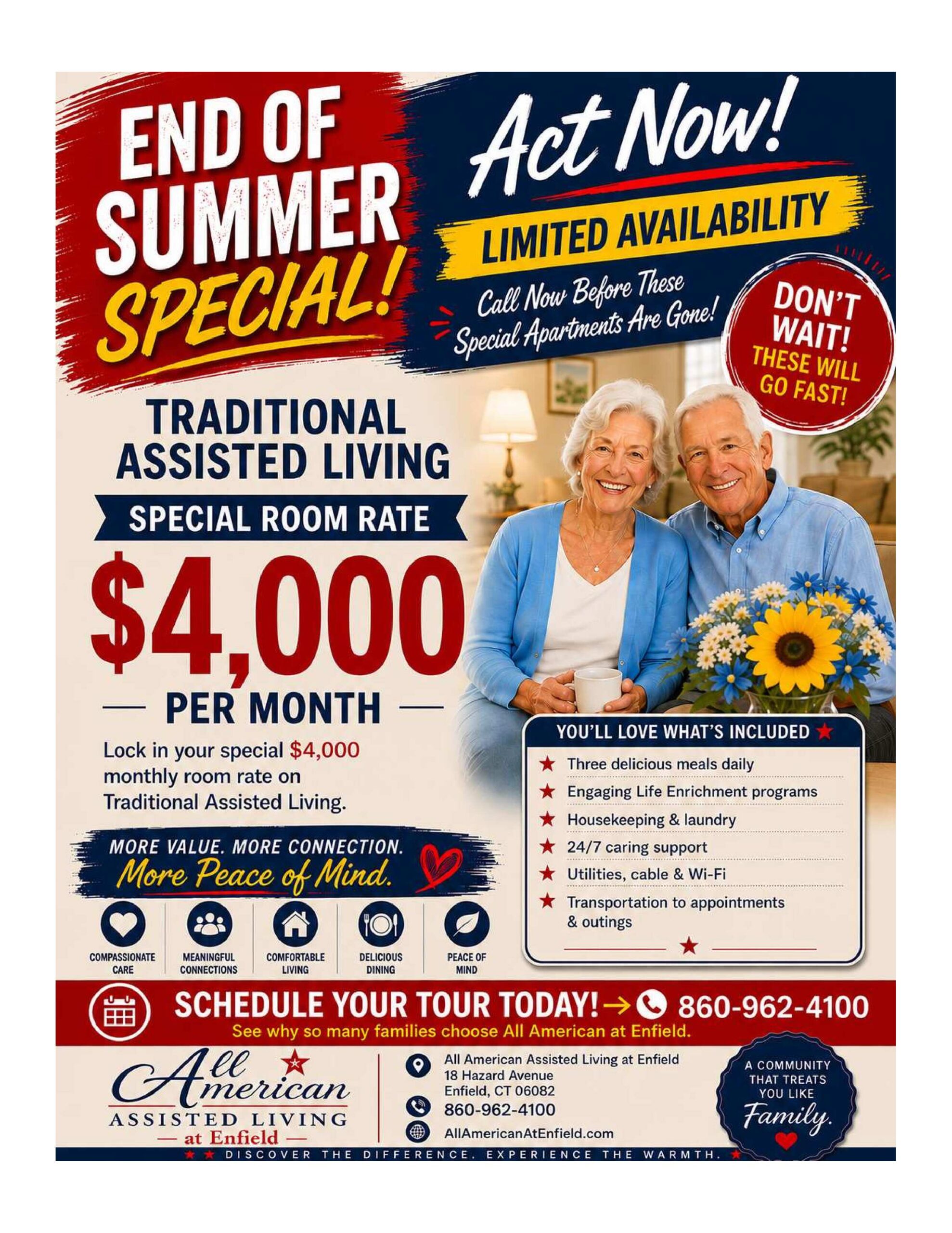 Advert showing an end-of-summer special for traditional assisted living with a large $4,000 monthly rate and a smiling senior couple holding sunflowers, promoting limited availability and call-now urgency.