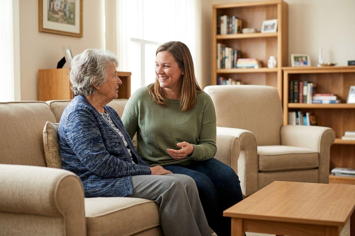A senior and a younger woman sit together on a sofa in a living room, talking and smiling, with bookshelves behind them.