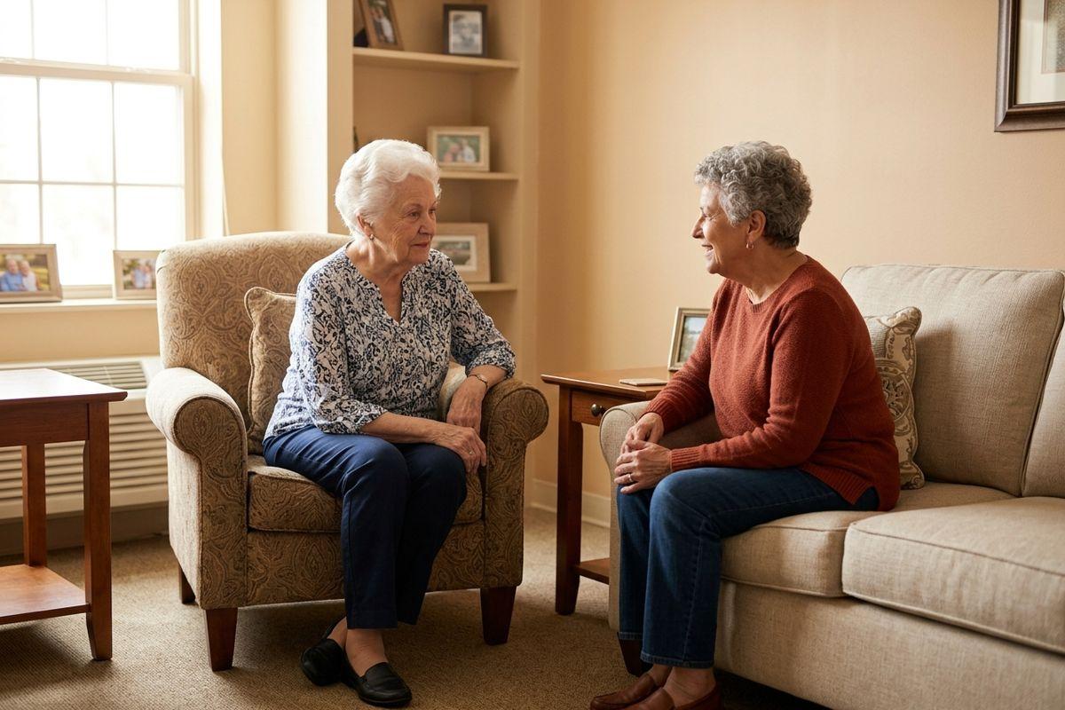 Two seniors talk in a living room, one seated in an armchair and the other smiling on a sofa, with framed photos on shelves.