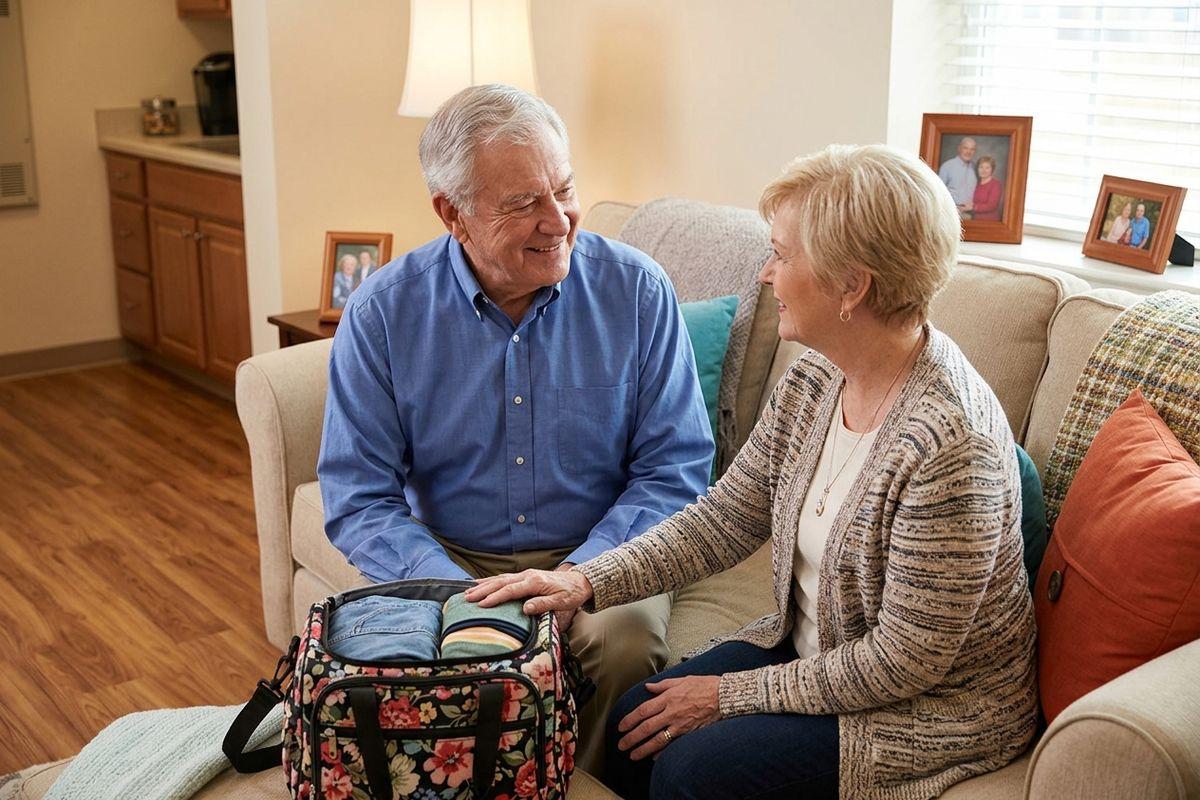 Two seniors sit on a couch smiling at each other, hands resting on a packed floral duffel bag; framed photos line the window behind them.