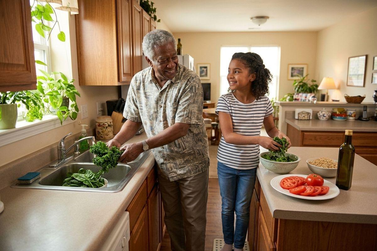 A senior washes leafy greens at a kitchen sink while a smiling child tosses salad in a bowl beside sliced tomatoes and olive oil.