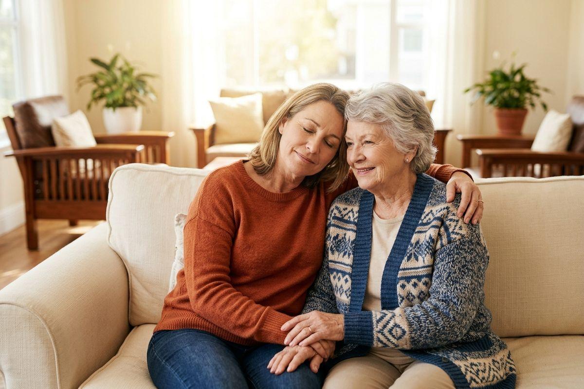 A senior and a younger woman sit close together on a beige sofa in a living room, embracing and holding hands, both smiling with heads leaning together.
