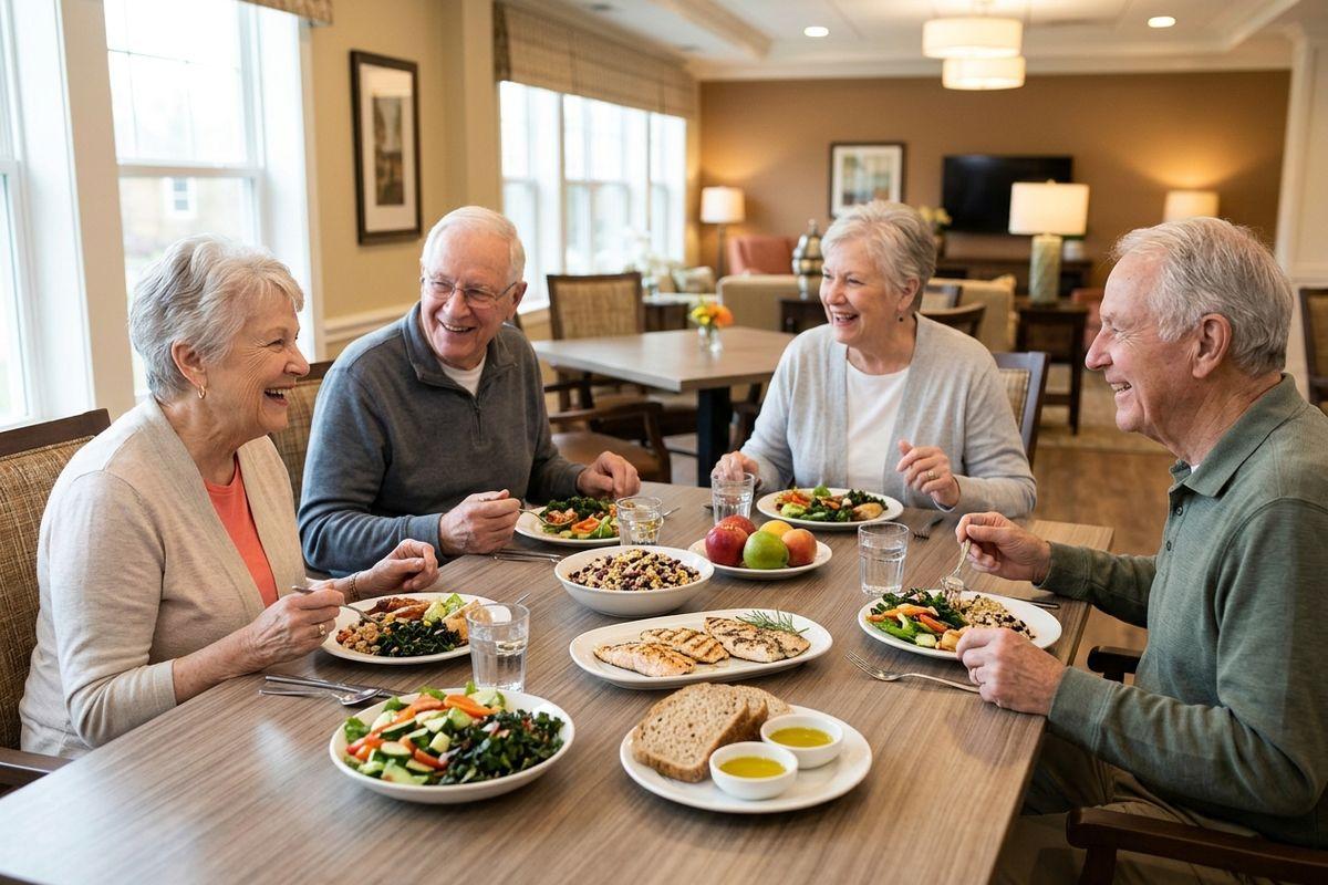 Four seniors smile around a dining table set with salads, grilled chicken, grains, bread, and fruit in a communal living room.