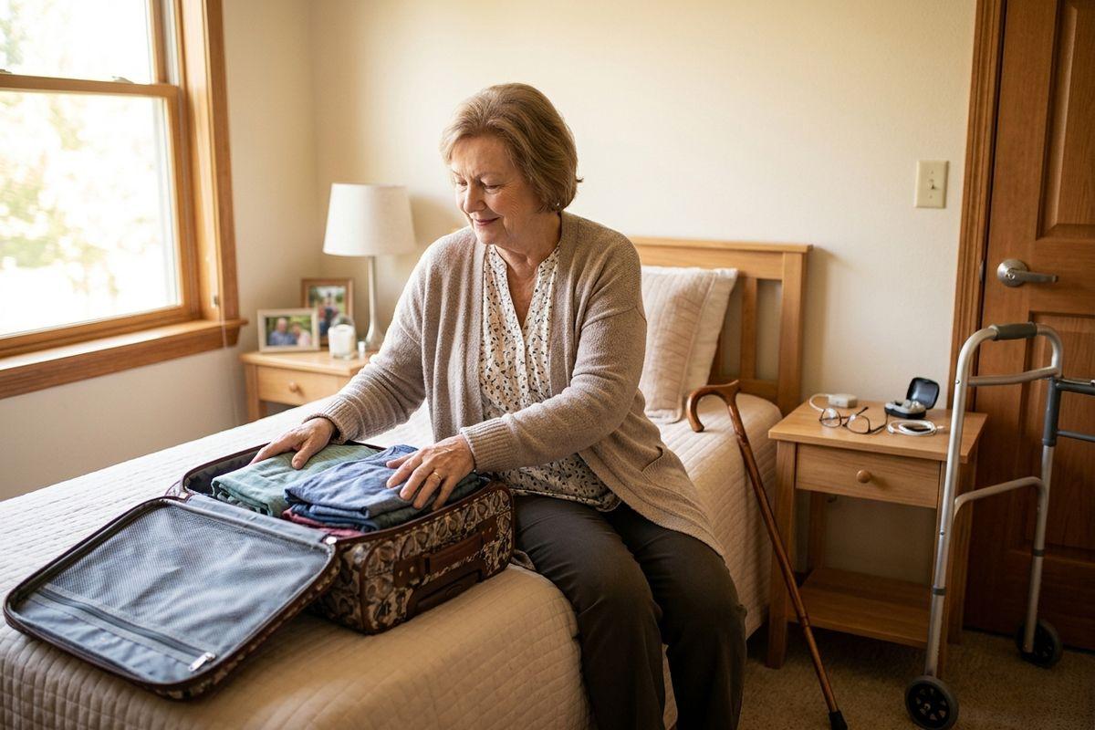 A senior sits on a bed packing folded clothes into an open suitcase, smiling; a cane and walker stand nearby in the bedroom.