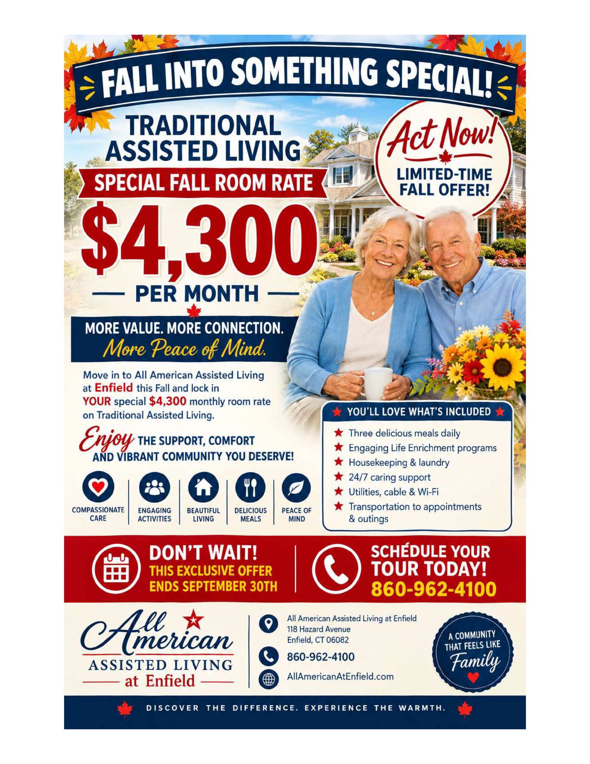 Fall-themed advertisement for traditional assisted living with a $4,300 per month offer and smiling seniors.