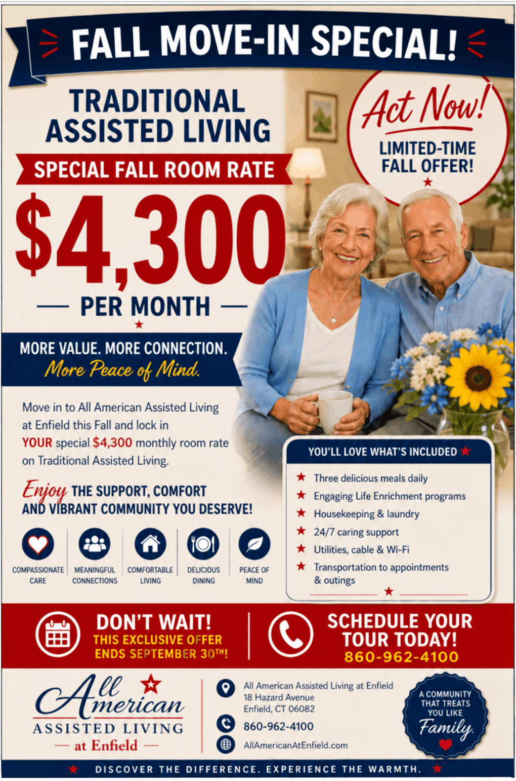Promotional flyer for traditional assisted living: $4,300 per month with fall move-in special; couple smiling in living room.