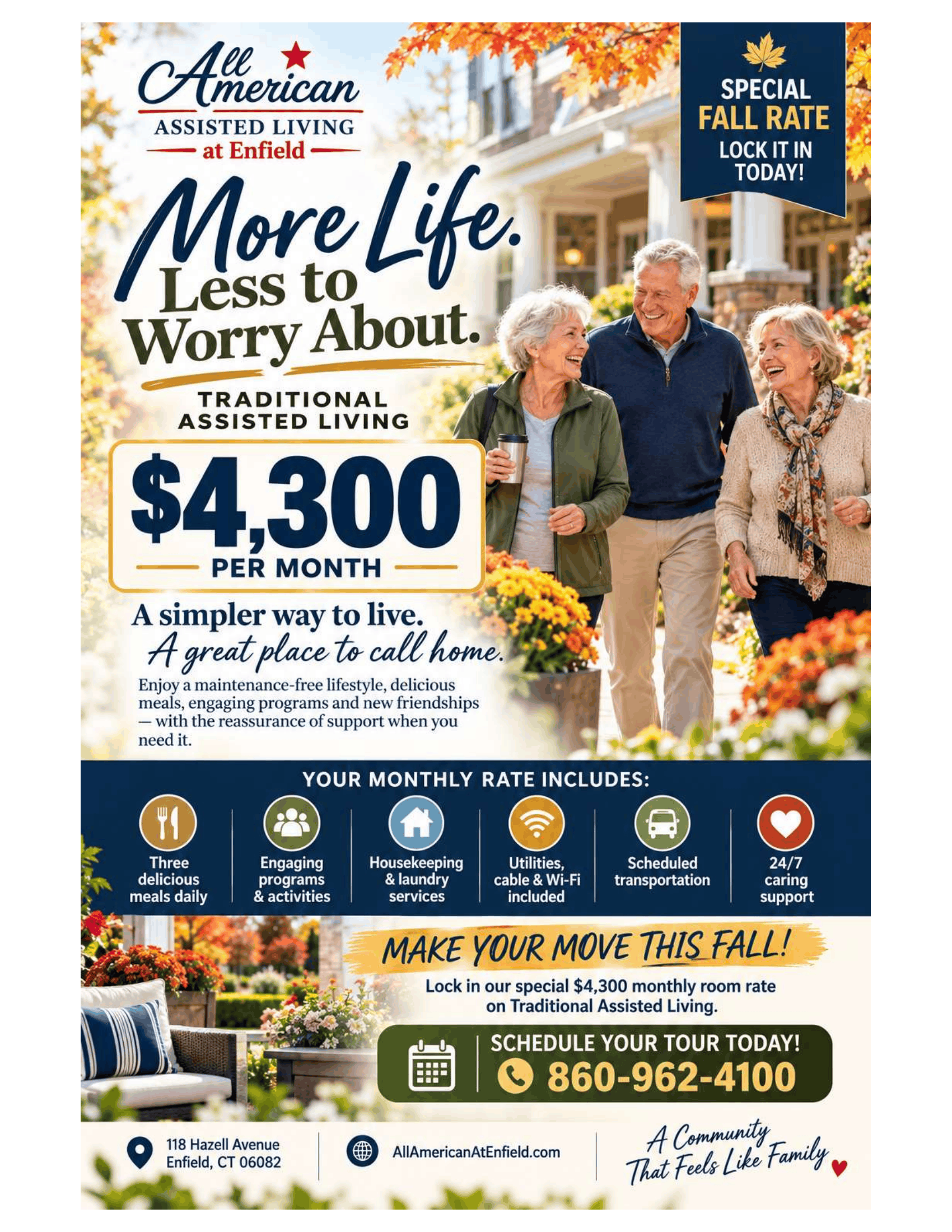 All American Assisted Living ad featuring smiling seniors outside a home with 'More Life. Less to Worry About.' and a $4,300 per month rate.